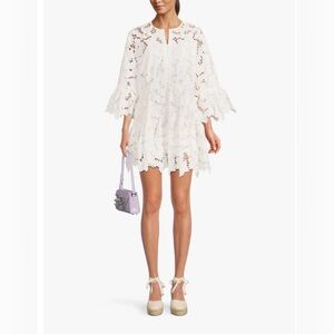 Self-Portrait White Cotton Lace Wide Sleeve Mini Dress